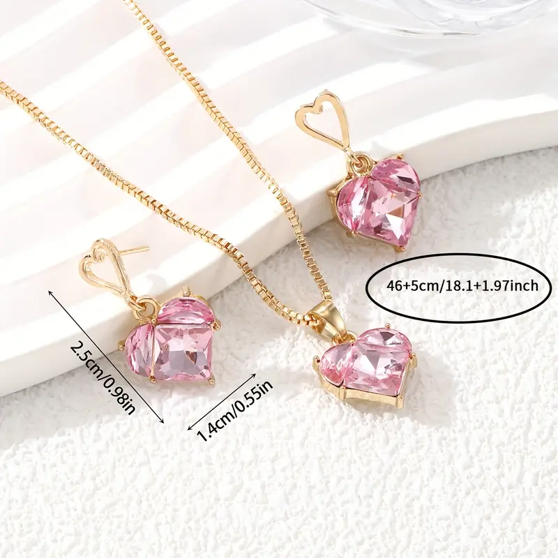 Elegant 3pcs Jewelry Set with Sparkling Purple Heart Zirconia - Includes Necklace & Earrings, Stainless Steel Posts